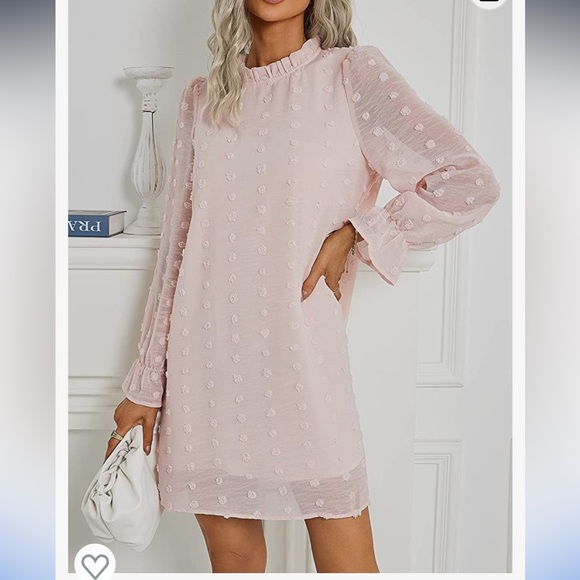 Women's Dress Long Sleeve Swiss Dot Mini Dresses Round Neck Loose Chiffon Short - Picture 4 of 8